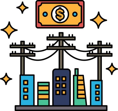 A city skyline with a dollar bill on top. The dollar bill is surrounded by a lot of electricity lines