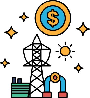 A black and white drawing of a dollar sign with a sun and a power tower in the background