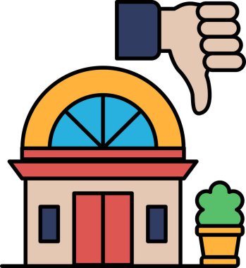 A building with a thumbs down on it. The thumbs down is on the building and the building is in front of a plant