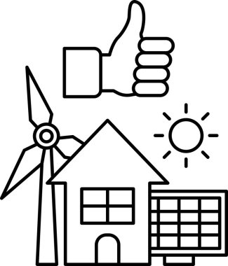 A thumbs up sign placed above a house and a wind turbine. The thumbs up sign is conveying a positive message, expressing approval or approval of the house and the wind turbine