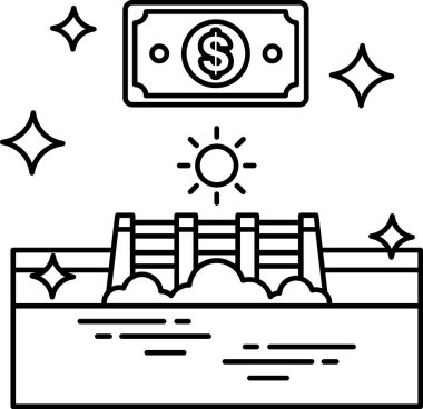 A dollar bill is on top of a bridge. The bridge is surrounded by water and the sun is shining on it