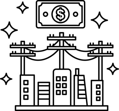 A city skyline with a dollar bill on top. The dollar bill is surrounded by a lot of electricity lines