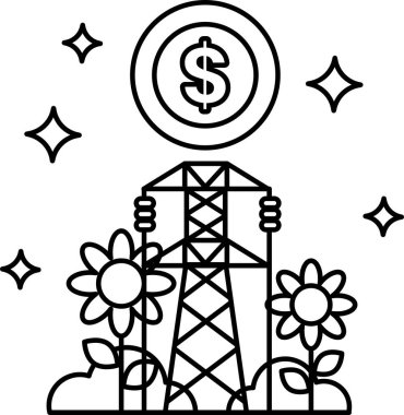 A black and white drawing of a person holding a dollar sign and a power line. The drawing is of a power plant with a dollar sign on top of it