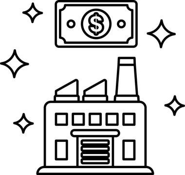 A building with a dollar bill on top of it. The dollar bill is surrounded by stars. The building is a factory