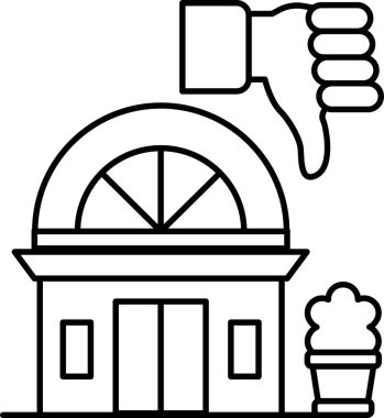 A building with a thumbs down on it. The thumbs down is on the building and the building is in front of a plant