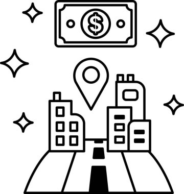 A city skyline with a dollar bill on top. The dollar bill is surrounded by stars and the city is shown in the background