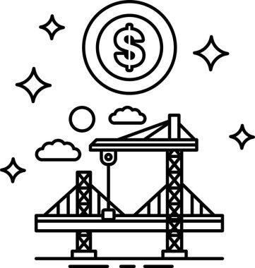 A black and white drawing of a bridge with a dollar sign in the middle. The dollar sign is surrounded by a circle. The bridge is being built and the dollar sign is a symbol of money