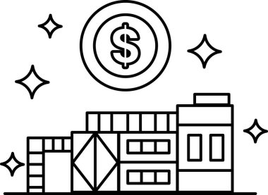 A dollar sign is drawn in the middle of a building. The building is a large, modern structure with many windows. The dollar sign is surrounded by a circle