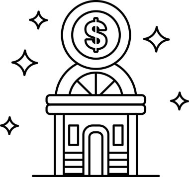 A building with a dollar sign on top. The dollar sign is surrounded by a circle. The building is a bank