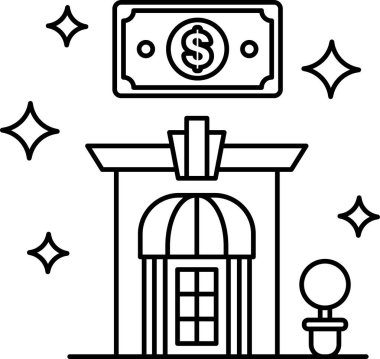 A building with a sign that says $100 on it. The building is a bank. The building is surrounded by a lot of stars