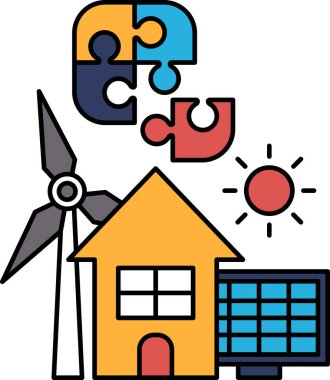 A windmill is next to a house and a puzzle. The puzzle is broken and scattered. Concept of renewable energy and the importance of putting the pieces back together to create a sustainable future