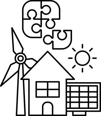 A windmill is next to a house and a puzzle. The puzzle is broken and scattered. Concept of renewable energy and the importance of putting the pieces back together to create a sustainable future