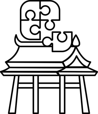 A black and white drawing of a building with a puzzle piece on top of it. The puzzle piece is broken, and the building is a pagoda