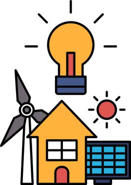 A house, a windmill, and a light bulb are all drawn together in a black and white drawing. The drawing conveys the idea of sustainable energy and the importance of using renewable resources