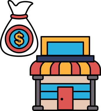 A black and white drawing of a store with a large amount of money in a bag. The bag is labeled with a dollar sign