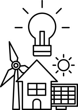 A house, a windmill, and a light bulb are all drawn together in a black and white drawing. The drawing conveys the idea of sustainable energy and the importance of using renewable resources
