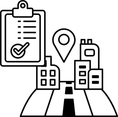 A city street with a check mark on a clipboard and a map of the area. Scene is that of a busy city street with people going about their daily lives