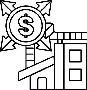 A dollar sign is drawn with four arrows pointing in different directions. The dollar sign is surrounded by a building with a roof