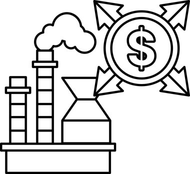 A black and white drawing of a factory with a dollar sign and a dollar bill. The dollar sign is pointing upwards, and the dollar bill is pointing downwards. Concept of money being spent on the factory