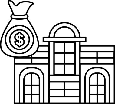 A building with a large bag of money on it. The bag has a dollar sign on it