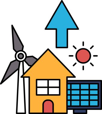 A windmill is next to a house and a sun is shining on the house. The house is surrounded by a solar panel