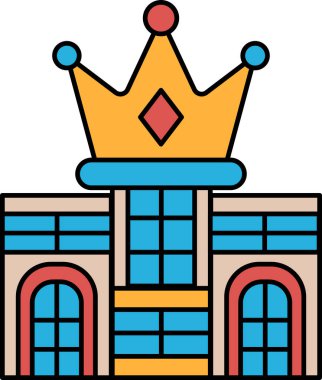 A black and white drawing of a building with a crown on top. The building is a palace or a castle