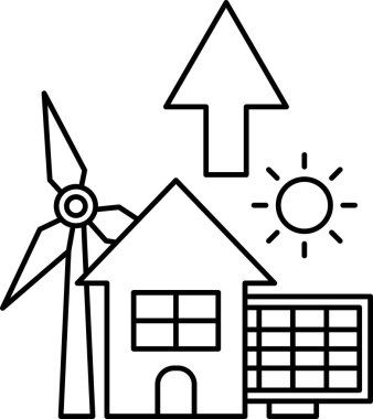 A windmill is next to a house and a sun is shining on the house. The house is surrounded by a solar panel