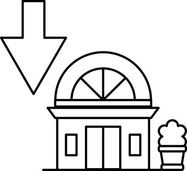 A building with a downward arrow on it. The arrow is pointing to the left. The building is a small one with a window on the front