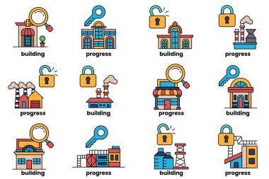 A set of images of buildings with a key and a lock on them