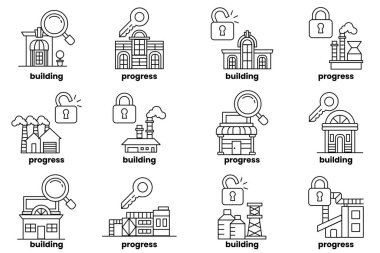 A set of images of buildings with a key and a lock on them
