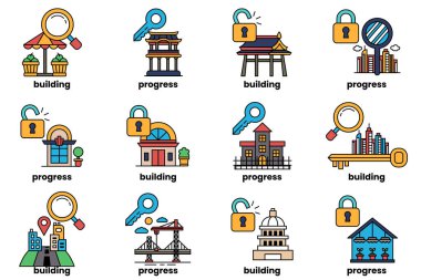 A set of images of buildings with a key and a lock on them