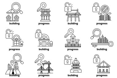 A set of images of buildings with a key and a lock on them