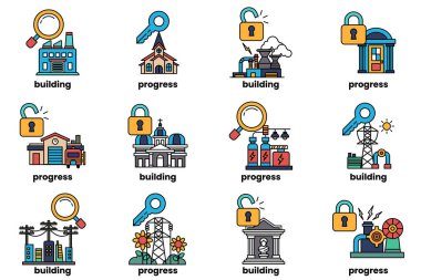 A set of images of buildings with a key and a lock on them