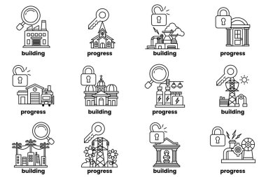 A set of images of buildings with a key and a lock on them