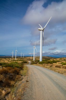 Uzun rüzgar türbinleri yuvarlanan tepelerle çevrili güzel bir manzarada dururlar. Yol, parlak mavi gökyüzünün ve kabarık beyaz bulutların altında gezinerek yenilenebilir enerji sergiliyor..