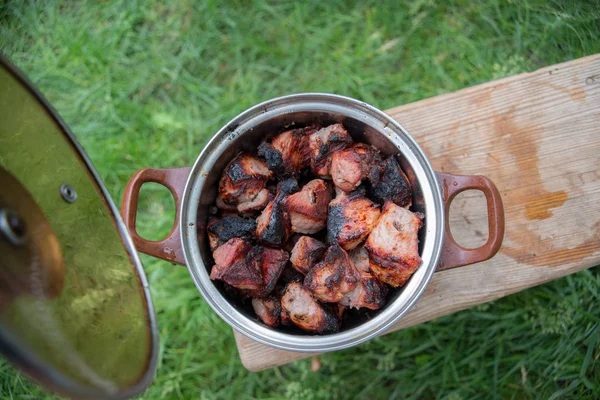 Viande Rôtie Cuite Barbecue Hacher Les Tranches Viande Bœuf Fraîche — Photo