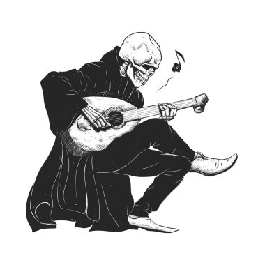 Minstrel playing guitar,grim reaper musician cartoon,gothic skull,medieval skeleton,death poet illustration,evil bones halloween clipart