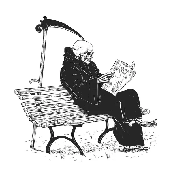 Grim Reaper Leyendo Periódico Esqueleto Dibujos Animados Cráneo Oscuro — Foto de Stock