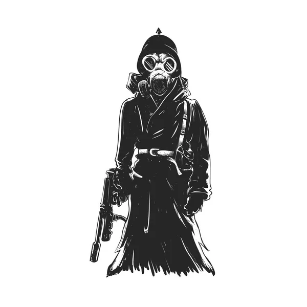 防毒マスクと武器 軍死の図 ゴシック様式頭骨漫画 白と黒の死神 — ストック写真