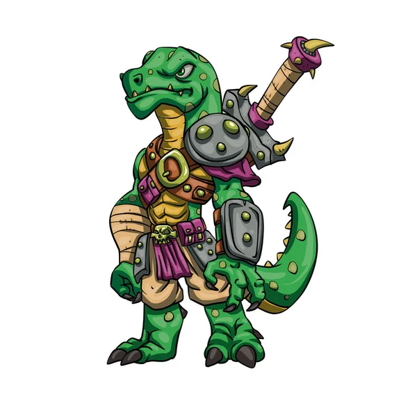 Lizard gladiator cartoon - dinosaur warrior illustration - tyrannosaurus character