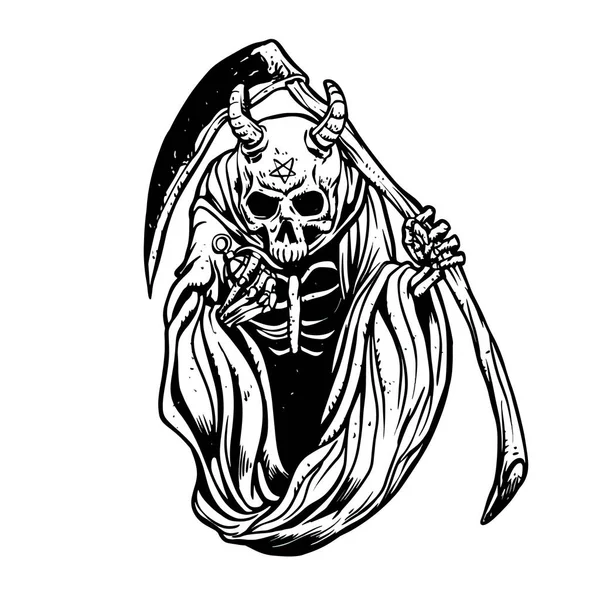 Grim Reaper Com Chifres Granadas Vector Logotipo Preto Branco —  Vetores de Stock
