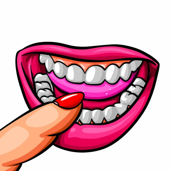 Жіночий Рот Крупним Планом Губи Язик Зуби Палець Губах — стоковий вектор