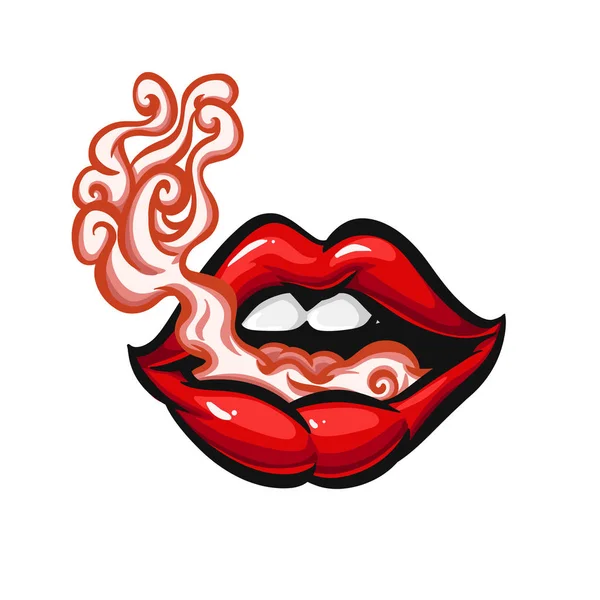 Smoke Coming Mouth Woman Bright Red Lips — Stock Photo, Image