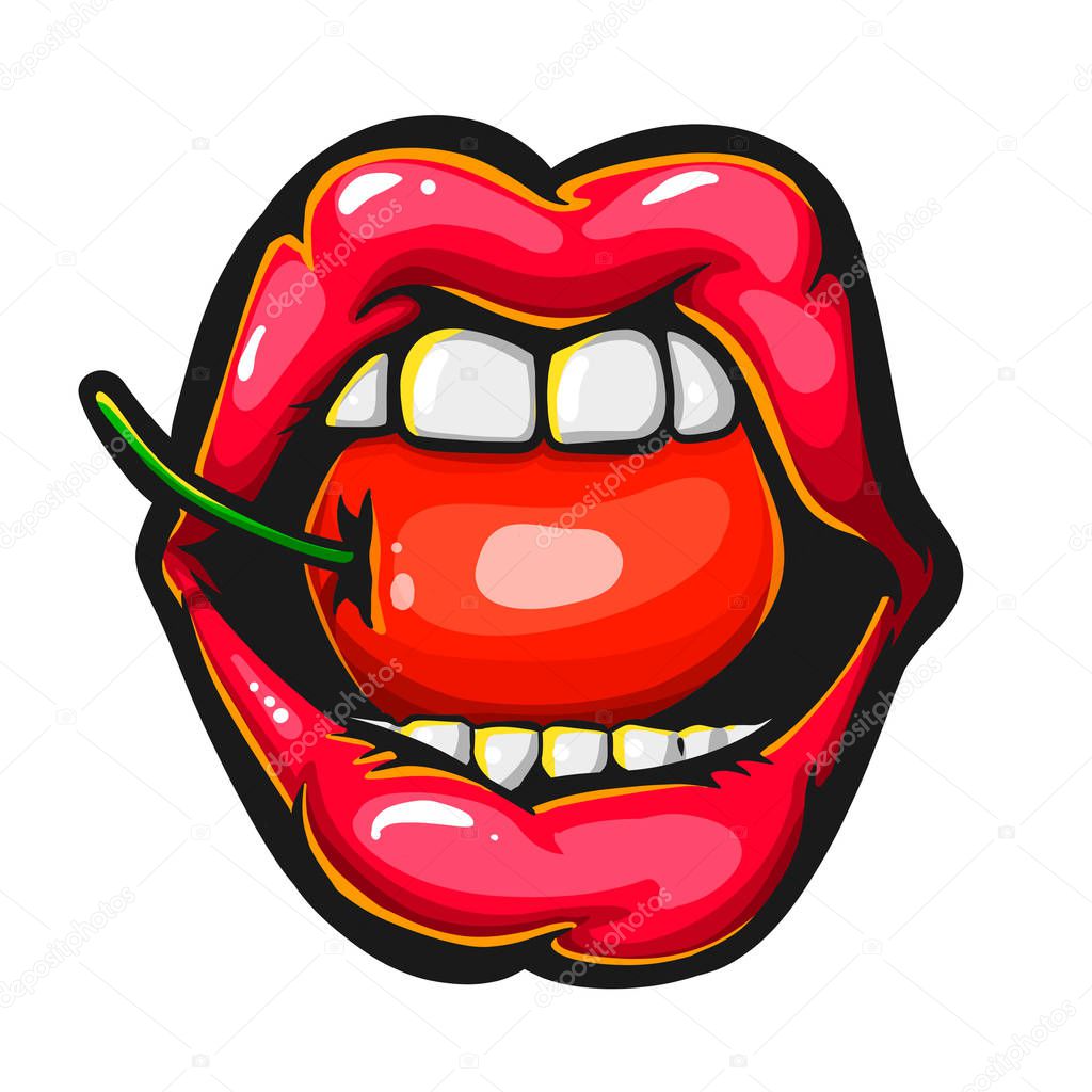 Female sexy red lips with a juicy cherry Illustration