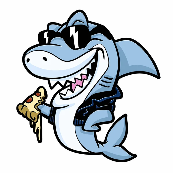 Tiburón Fresco Comer Pizza Vector Ilustración — Archivo Imágenes Vectoriales