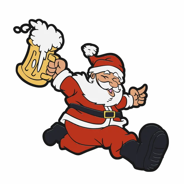 Papai Noel Correndo Com Uma Caneca Cerveja Ilustração Vetor Mão —  Vetores de Stock