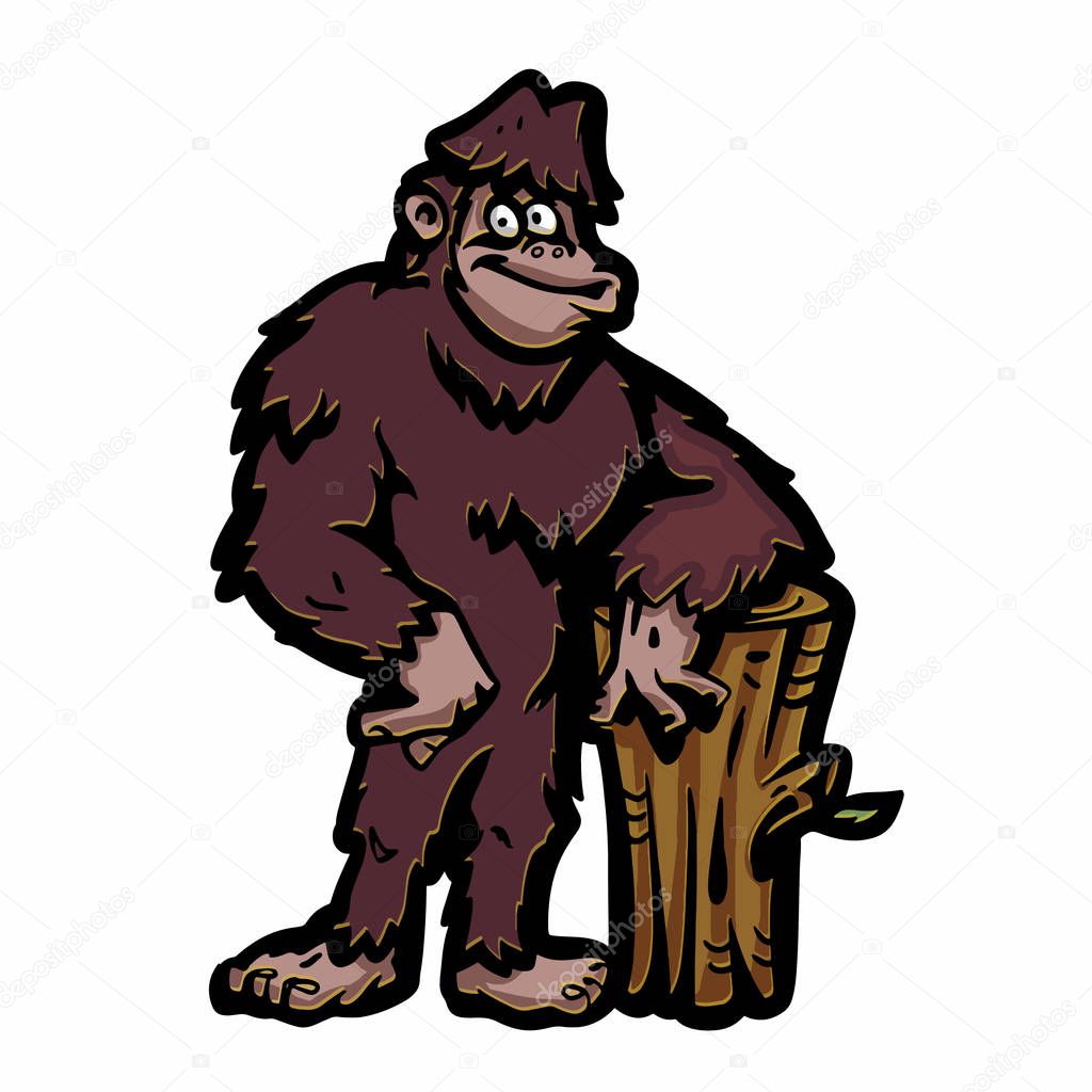 Hand drawn bigfoot leaning on the bar of wood vector illustration