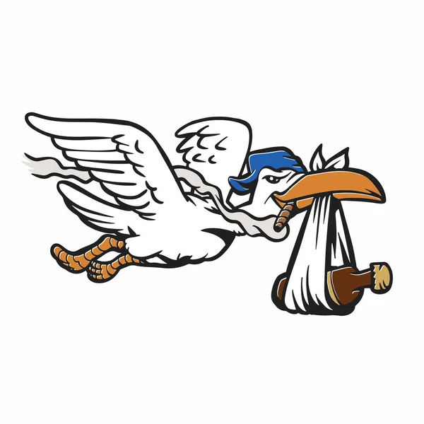 Cartoon Stork Carrying Bottle Beer Vector Illustration — Stock Vector