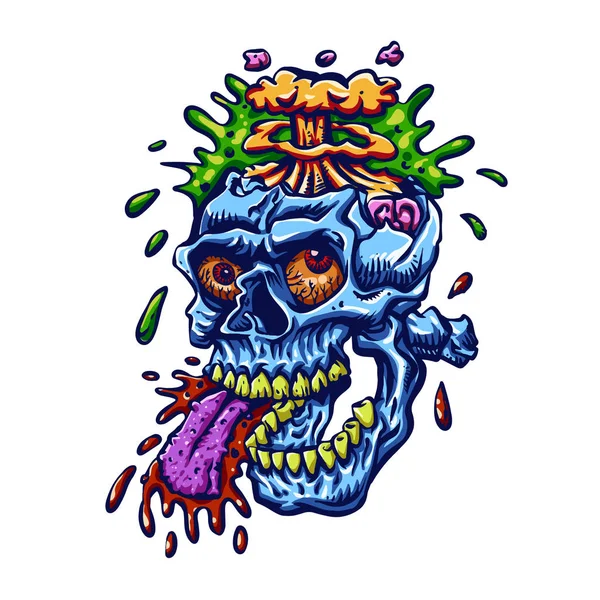 Crâne Zombie Bleu Avec Tête Explosant — Image vectorielle