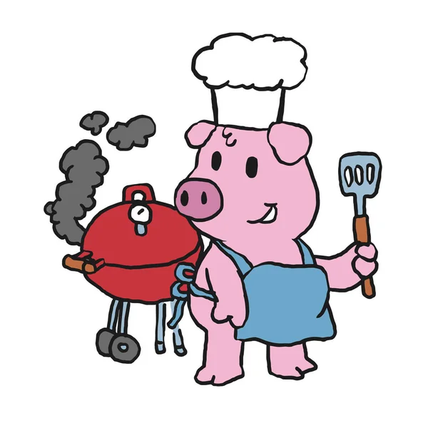 Chef Pig Standing Making Bbq — Stock Vector